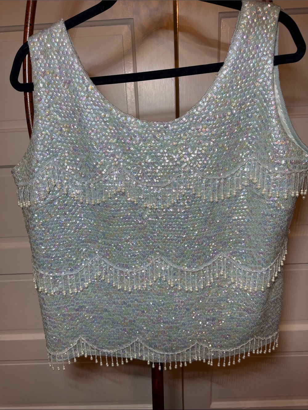 Vintage Iridescent hand  Beaded Fringe Top Pearl Tassel cabaret Glam XL